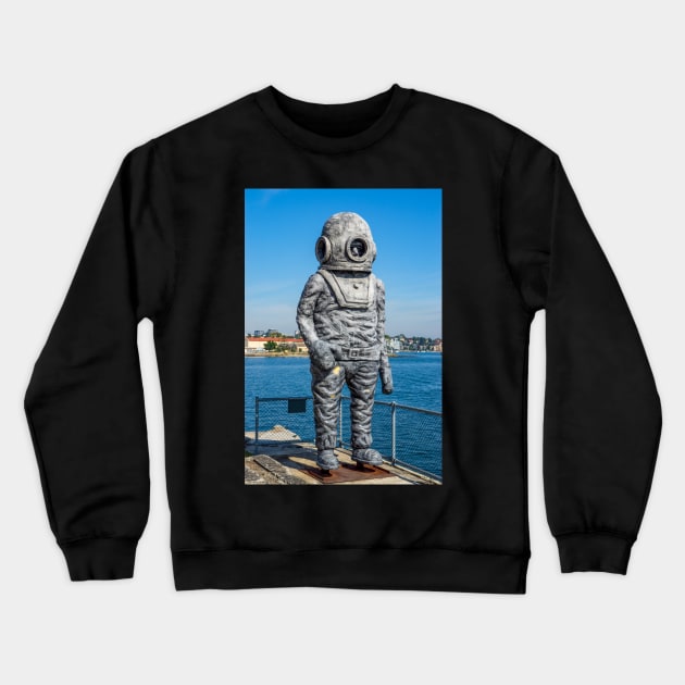 Old Deep Sea Diving Suit Statue, Cockatoo Island, Sydney, NSW, Australia Crewneck Sweatshirt by Upbeat Traveler